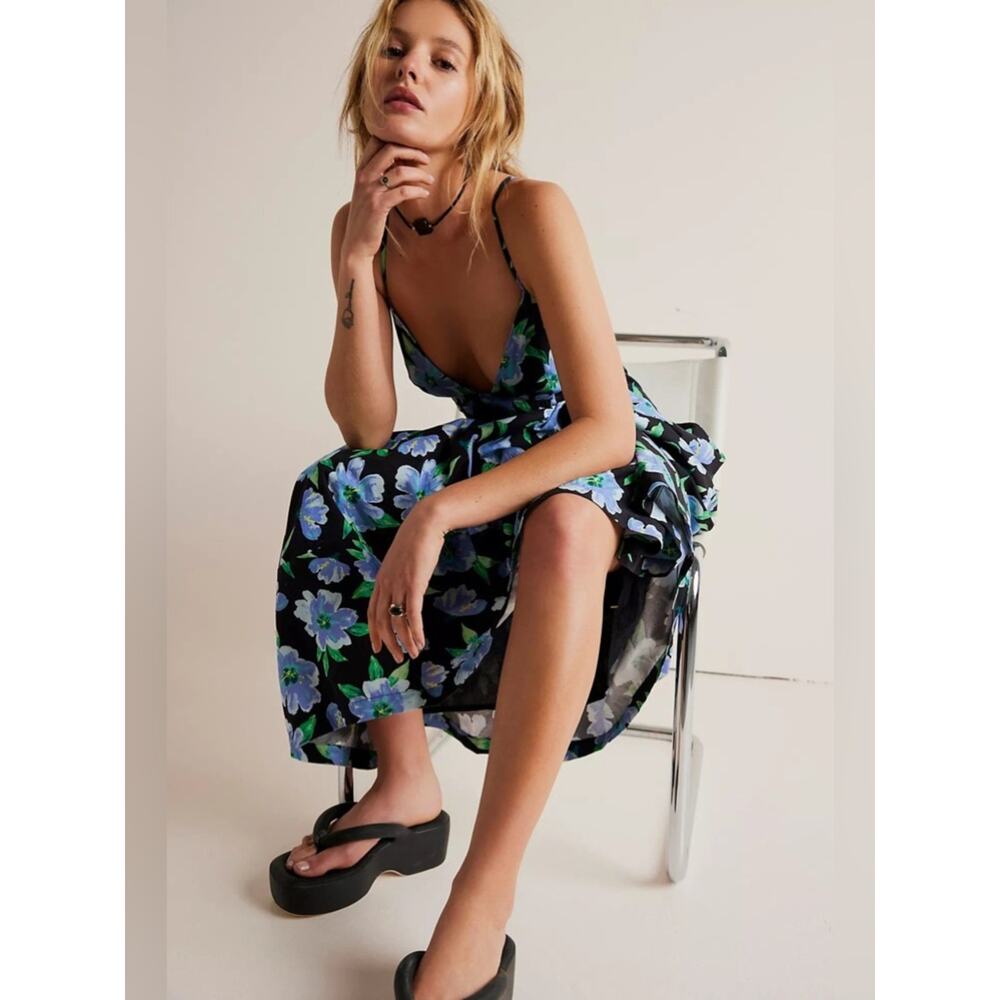 Free People Finer Things Printed Halter Midi Dress Black Combo Large Tropical View 5